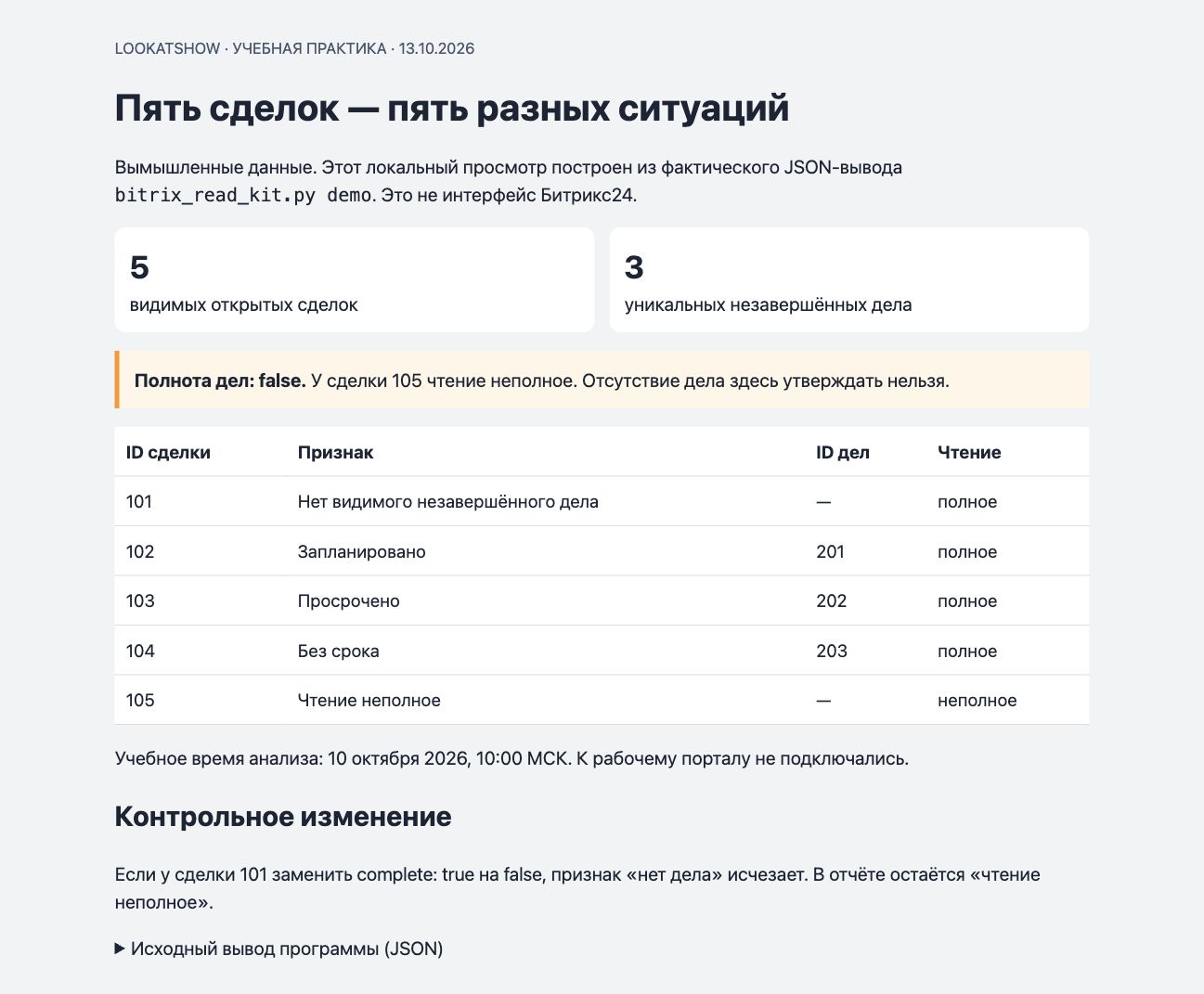 Настоящий снимок локального просмотра учебного JSON: пять сделок, три незавершённых дела; у сделки 105 чтение неполное, общий признак полноты false.