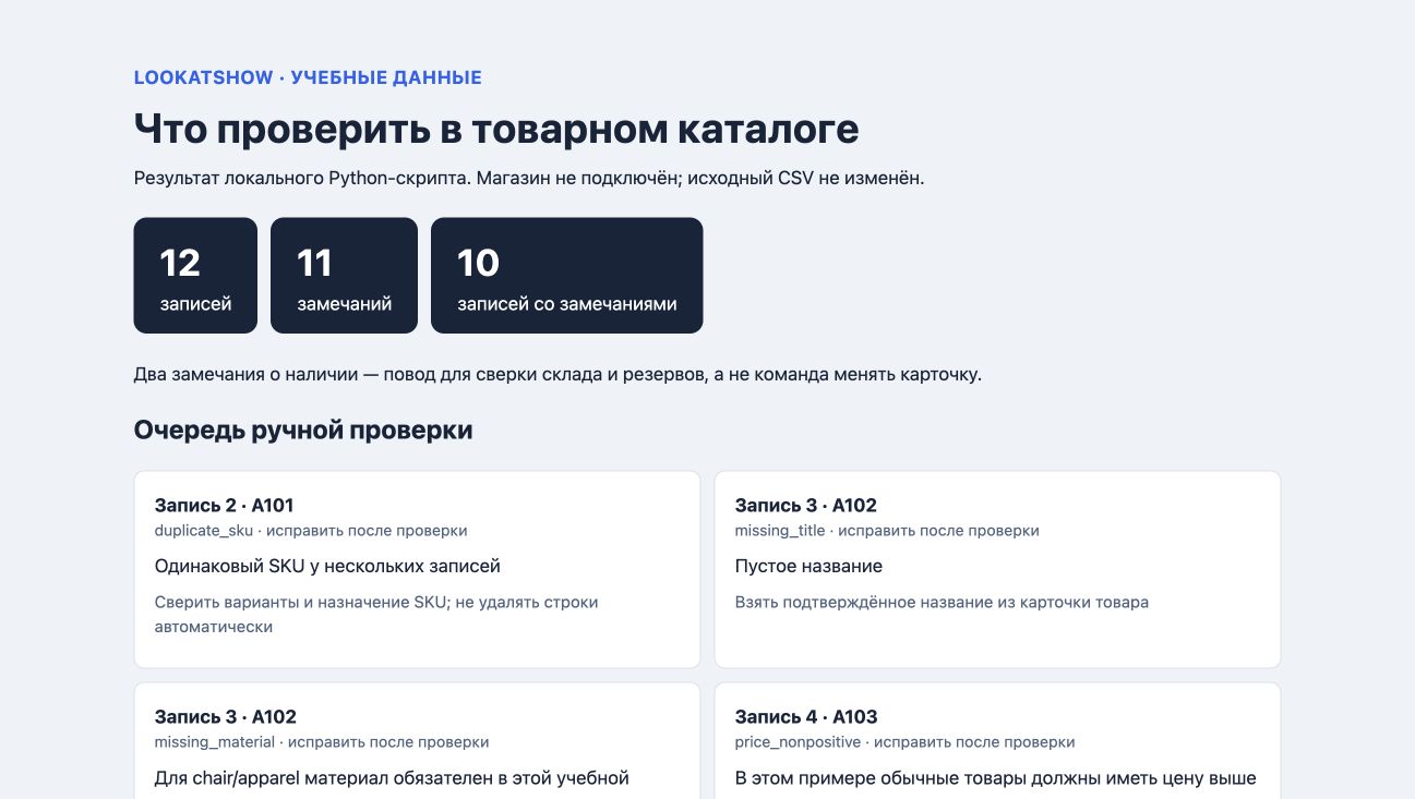 Настоящий браузерный снимок учебного отчёта: 12 записей, 11 замечаний в 10 записях; ниже дубль SKU A101 и пустое название A102.