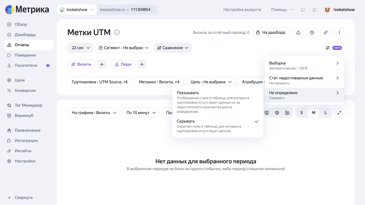 Меню Яндекс Метрики: Не определено — Показывать